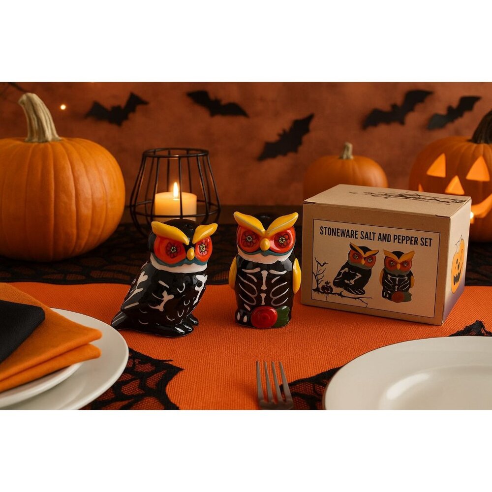 Cracker Barrel Halloween Owl Salt Pepper Shaker Set Day of the Dead Ceramic Goth